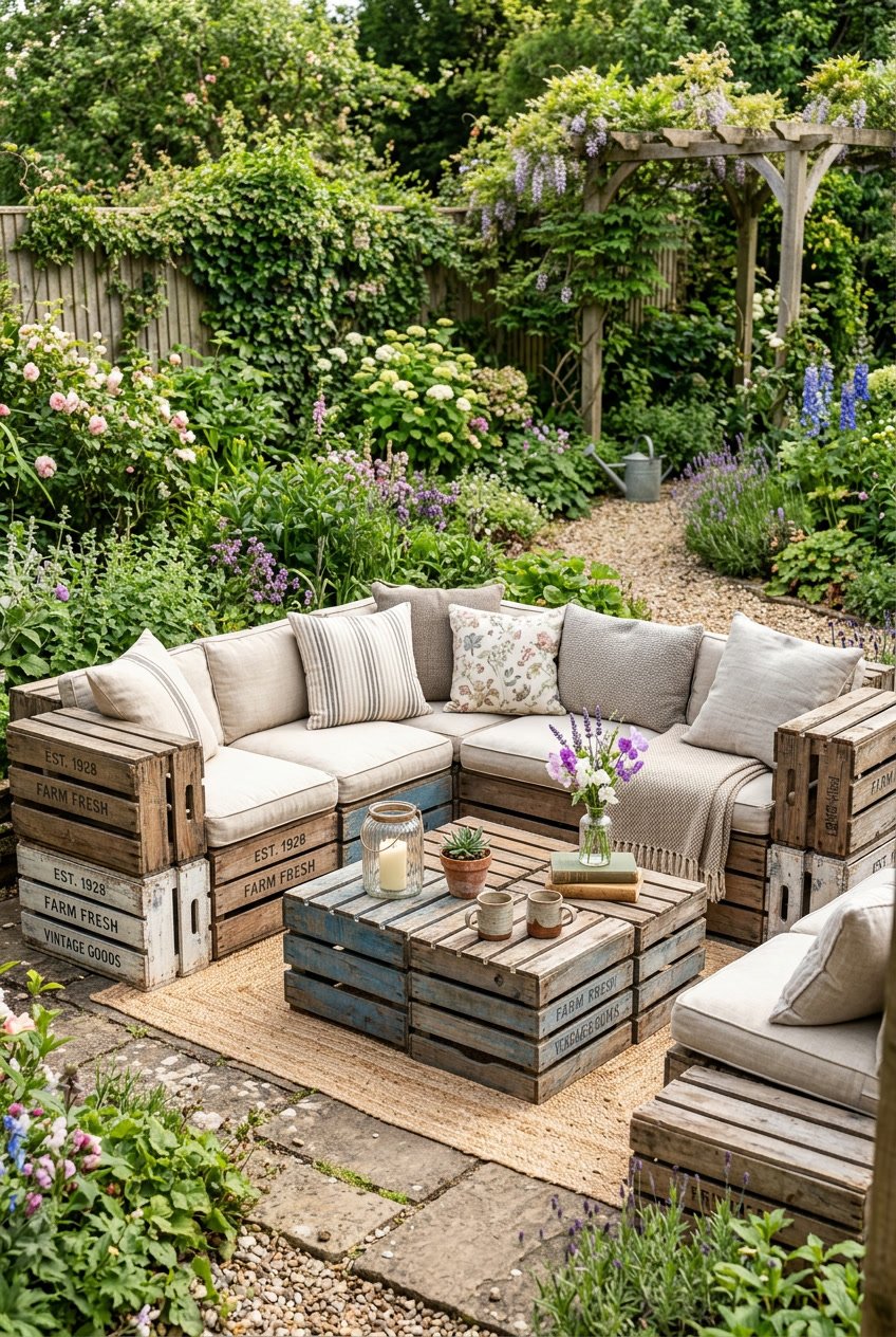 Backyard garden seating area with stacked vintage wooden crates used as seats and tables surrounded by plants.