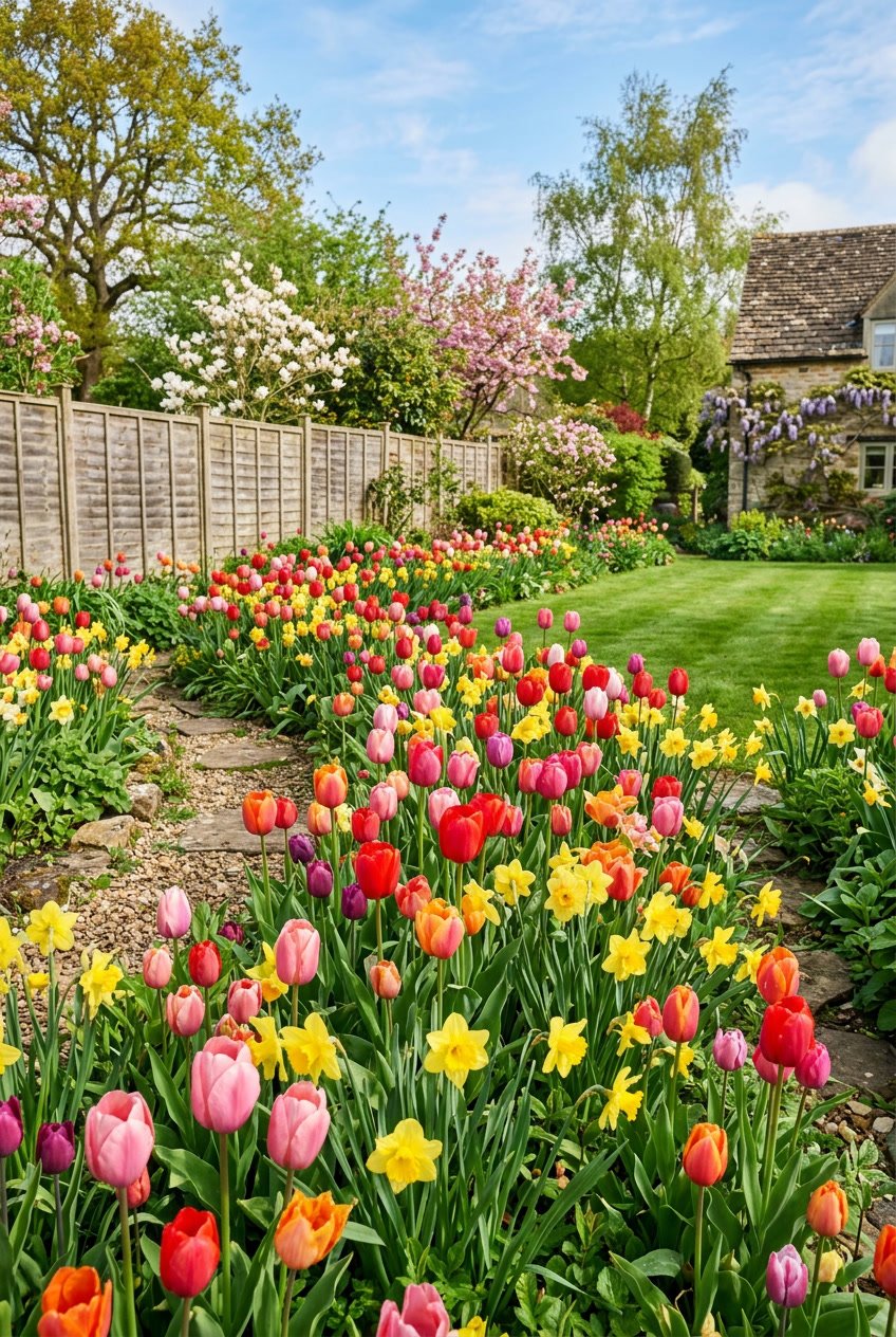 A backyard English garden filled with colorful tulips and yellow daffodils blooming together in spring.