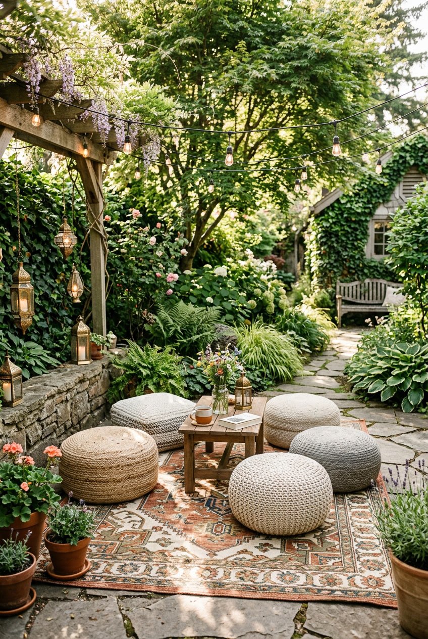 Outdoor garden nook with a rug, poufs, lanterns, and surrounding plants.
