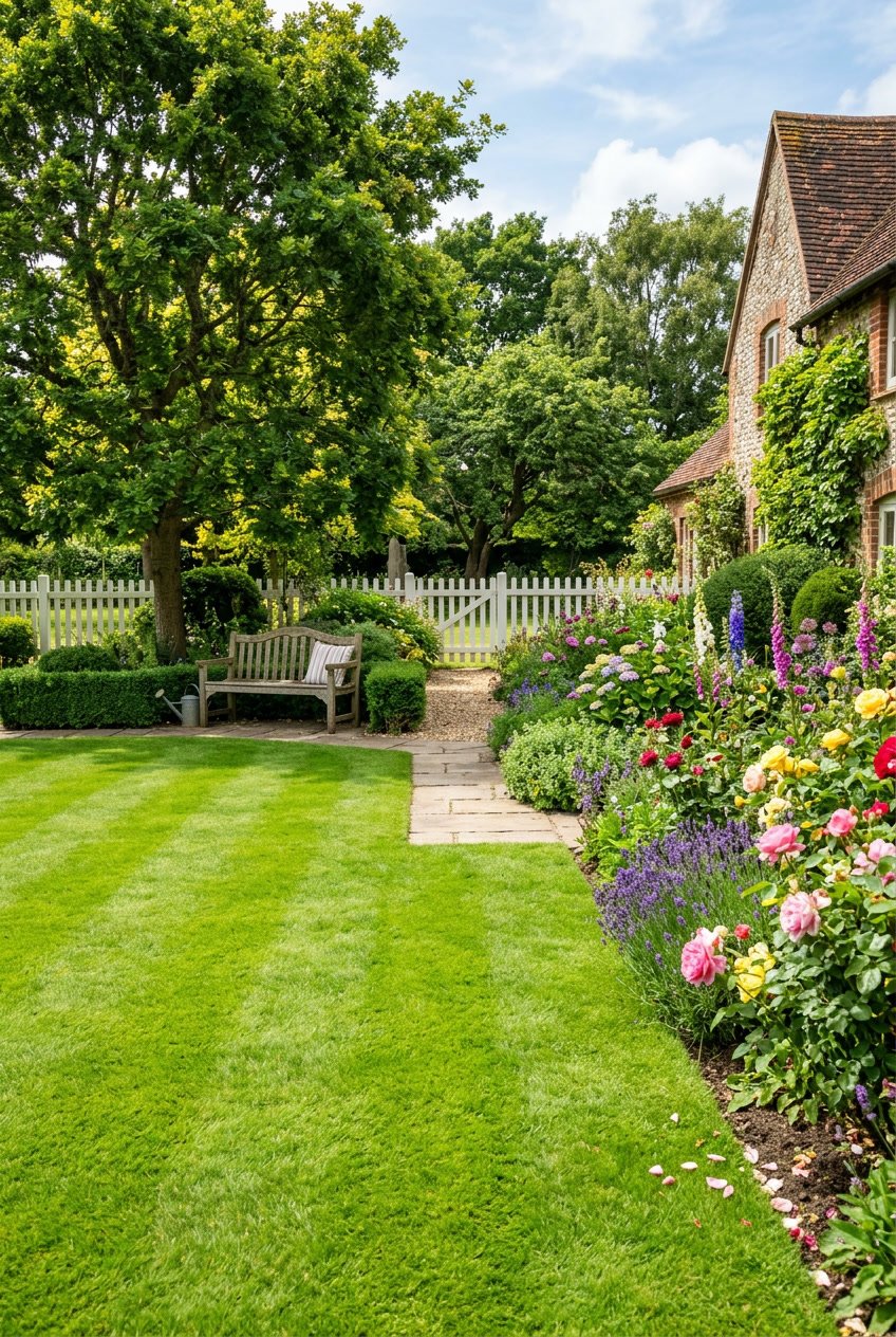 A traditional English backyard garden with a perfectly trimmed green lawn, colorful flower beds, shrubs, a wooden bench, and a white picket fence.