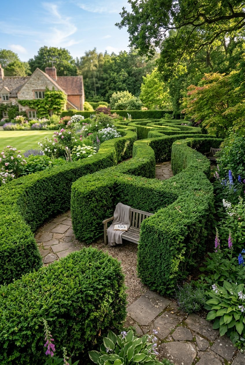 A backyard garden hedge maze with hidden wooden benches surrounded by greenery and flowers.
