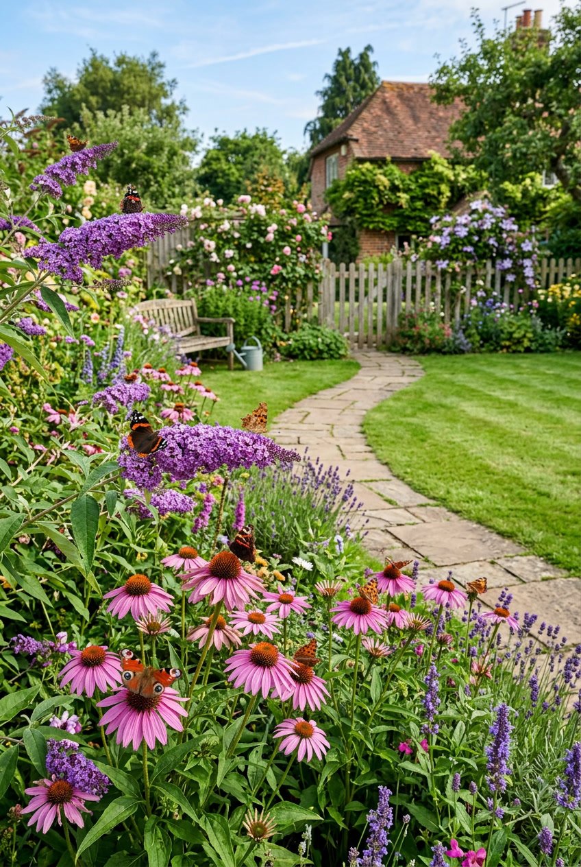 A backyard garden with colorful buddleia and echinacea flowers attracting butterflies among green plants and grass.