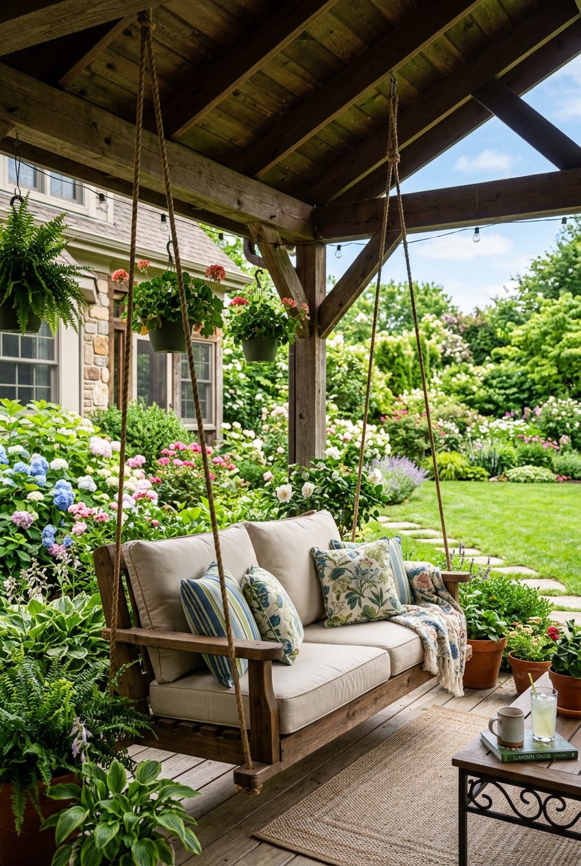 Covered porch swing with cushions overlooking a lush backyard garden.