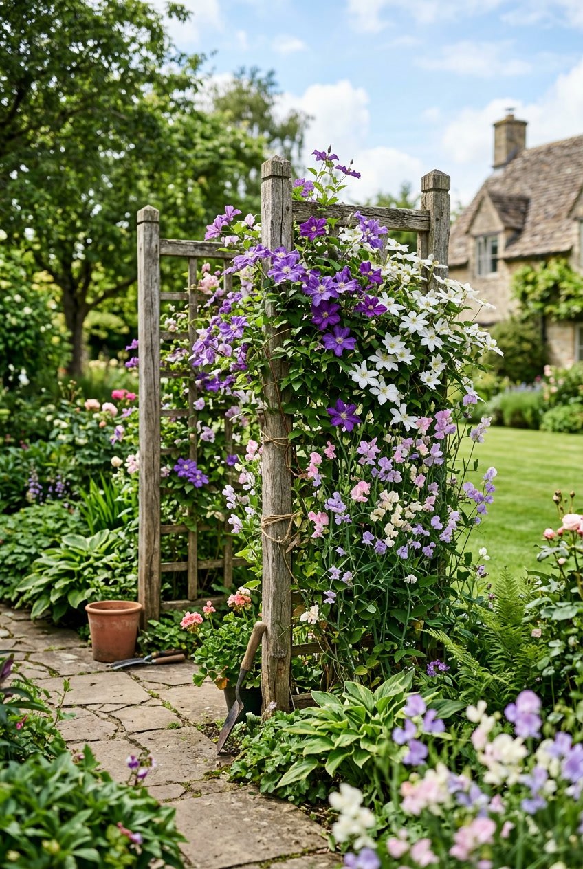 Rustic wooden trellises covered with climbing clematis and sweet pea flowers in a backyard garden.