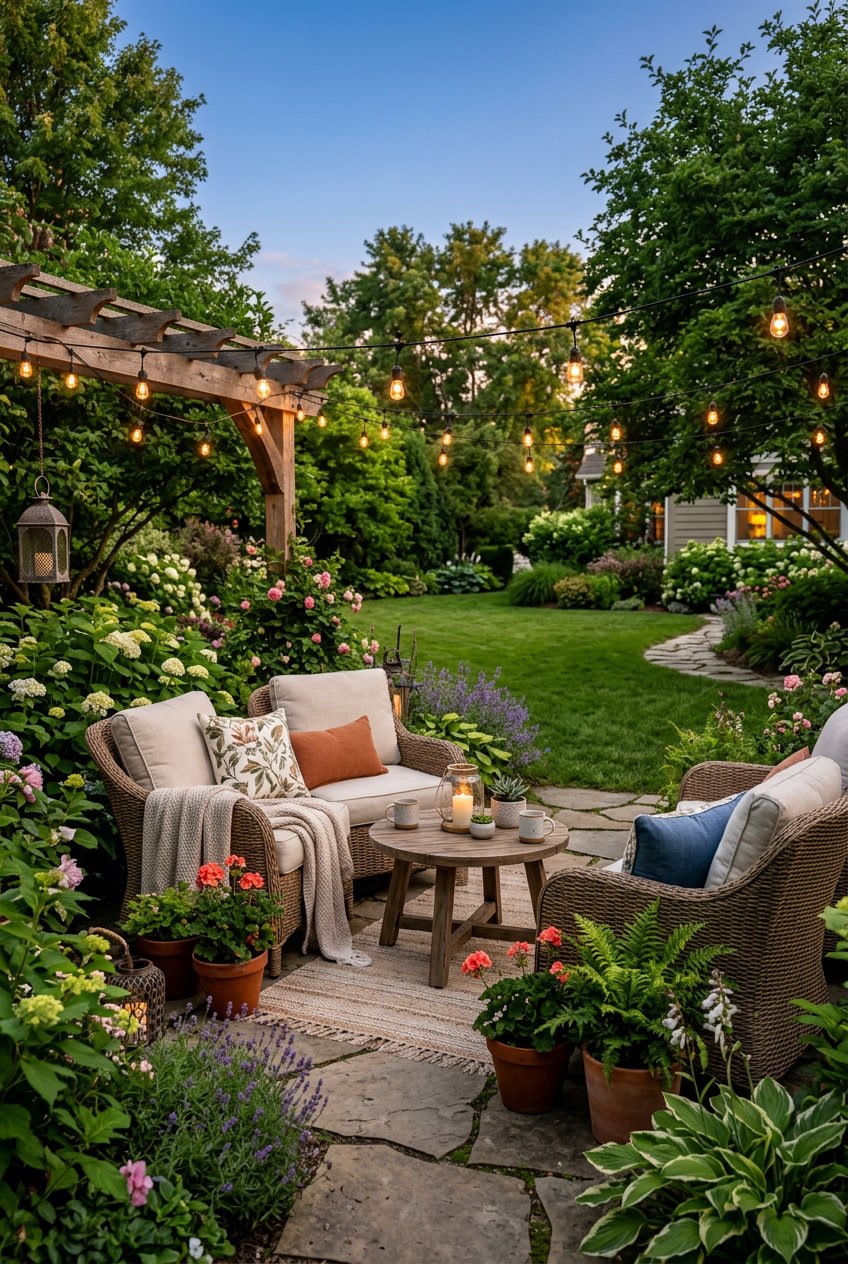 A backyard garden sitting area with chairs, a small table, plants, and soft lighting surrounded by greenery.