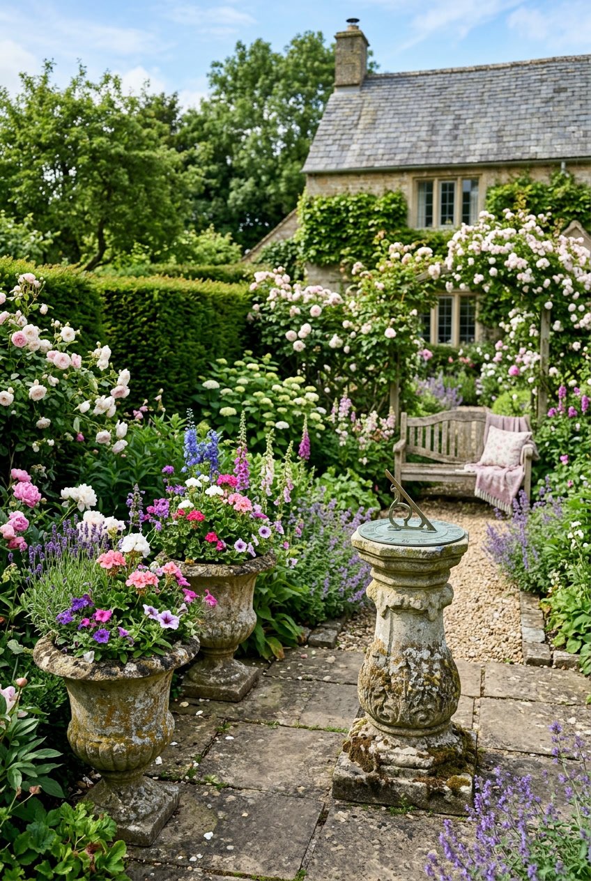 A backyard garden with weathered stone urns filled with flowers and an ornate sundial surrounded by green plants and trimmed hedges.