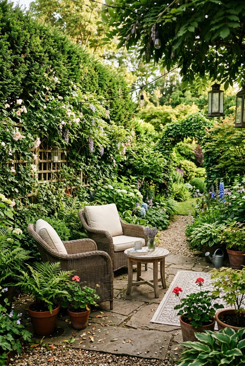 A backyard garden sitting area surrounded by dense green plants and tall hedges, featuring comfortable outdoor chairs and a small table on a stone patio.