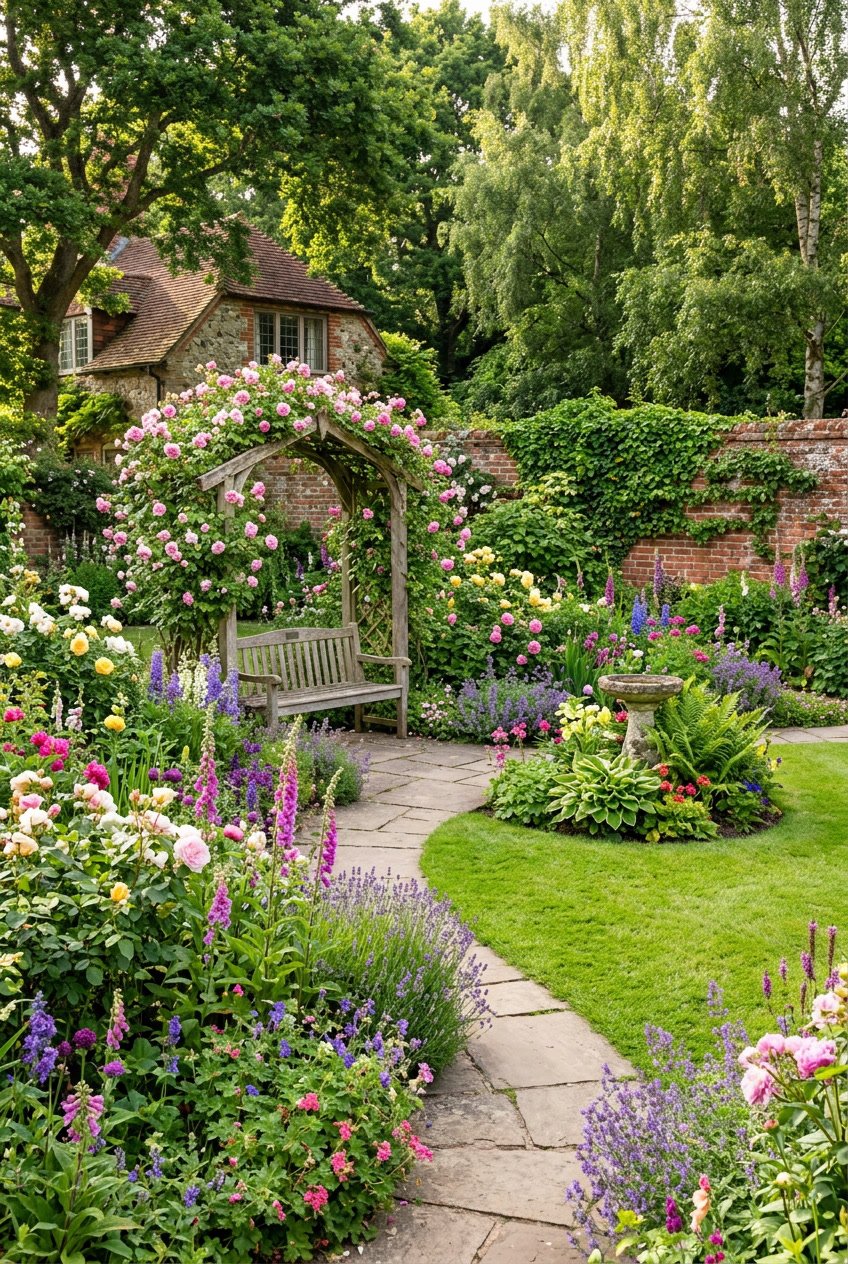 A backyard English garden with colorful flowers, a wooden bench under a rose arch, stone pathways, and a birdbath surrounded by greenery.