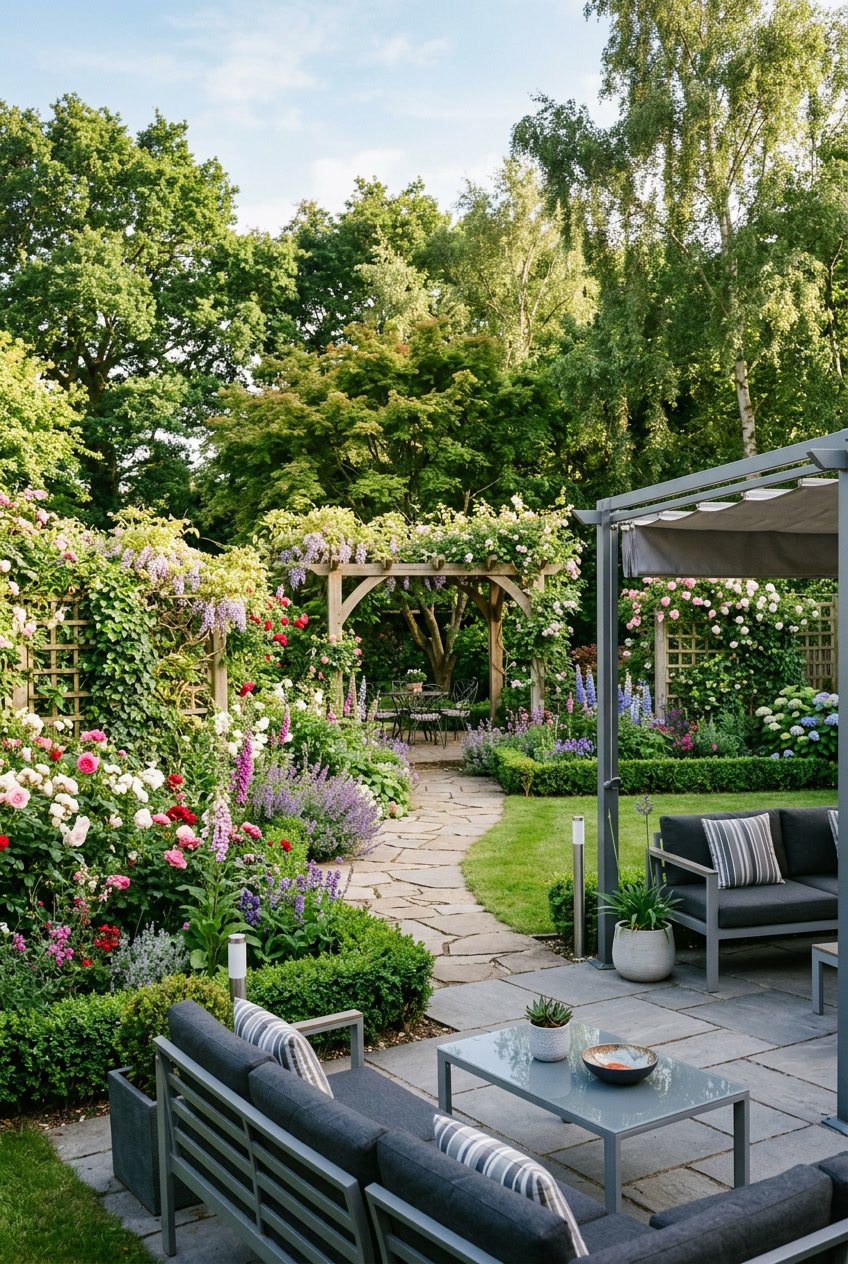 A backyard with colorful flower beds, trimmed hedges, a wooden pergola, stone pathways, and a modern patio seating area under soft sunlight.