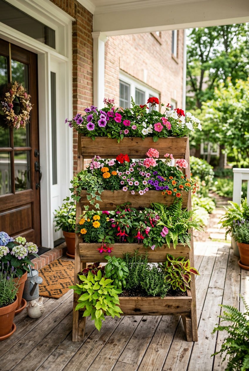 A multi-level wooden planter tower filled with colorful flowers and green plants on a sunlit front porch.