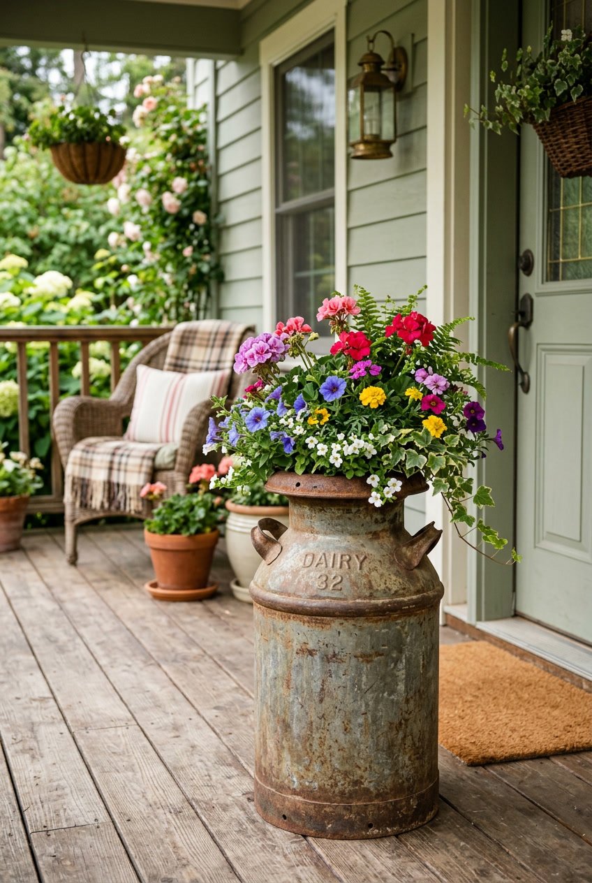 A vintage metal milk can filled with colorful flowers sitting on a wooden front porch surrounded by plants.