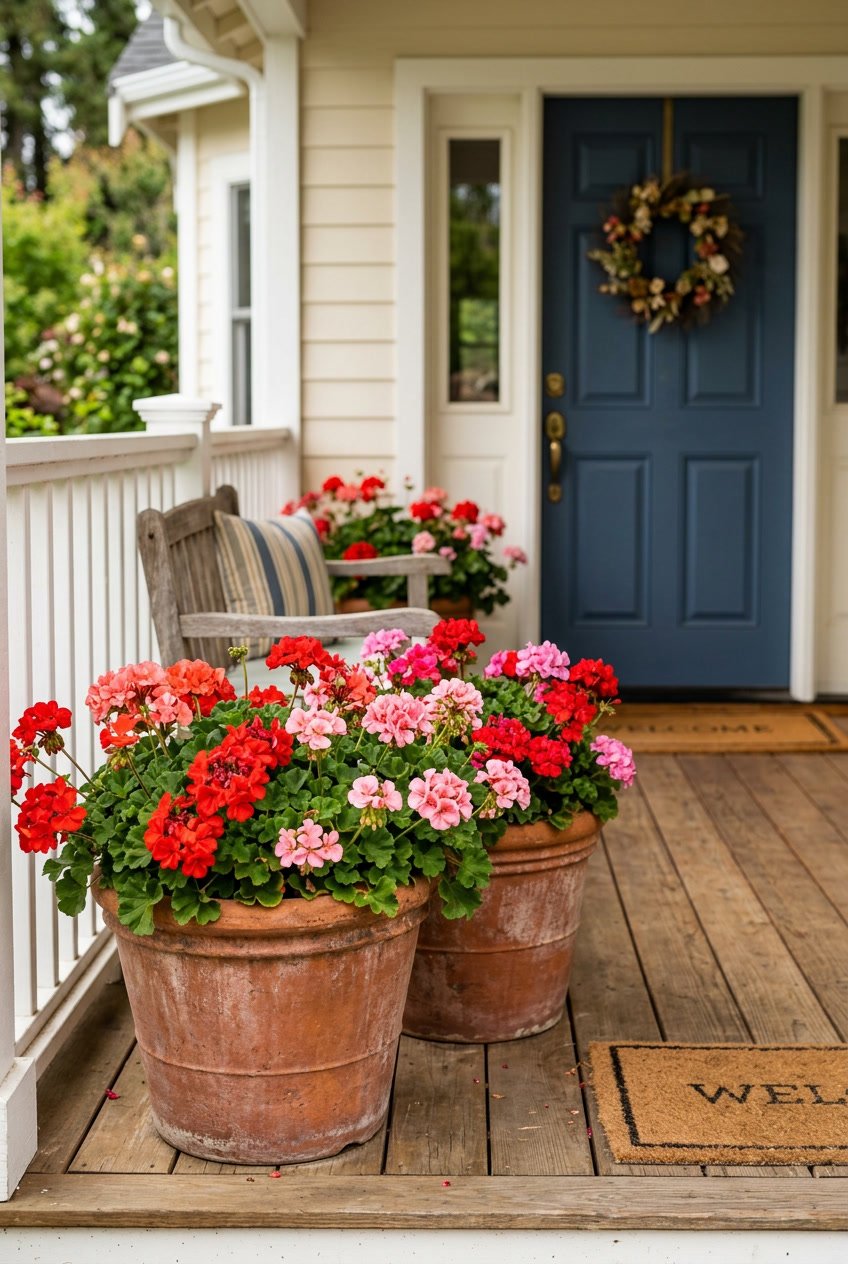 Front porch with large terracotta pots filled with bright red and pink geraniums.