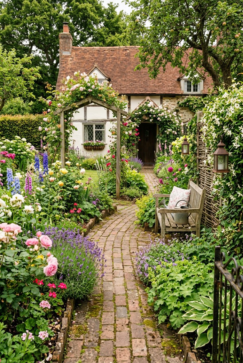 A small backyard garden with a winding brick pathway surrounded by flowering plants and greenery.