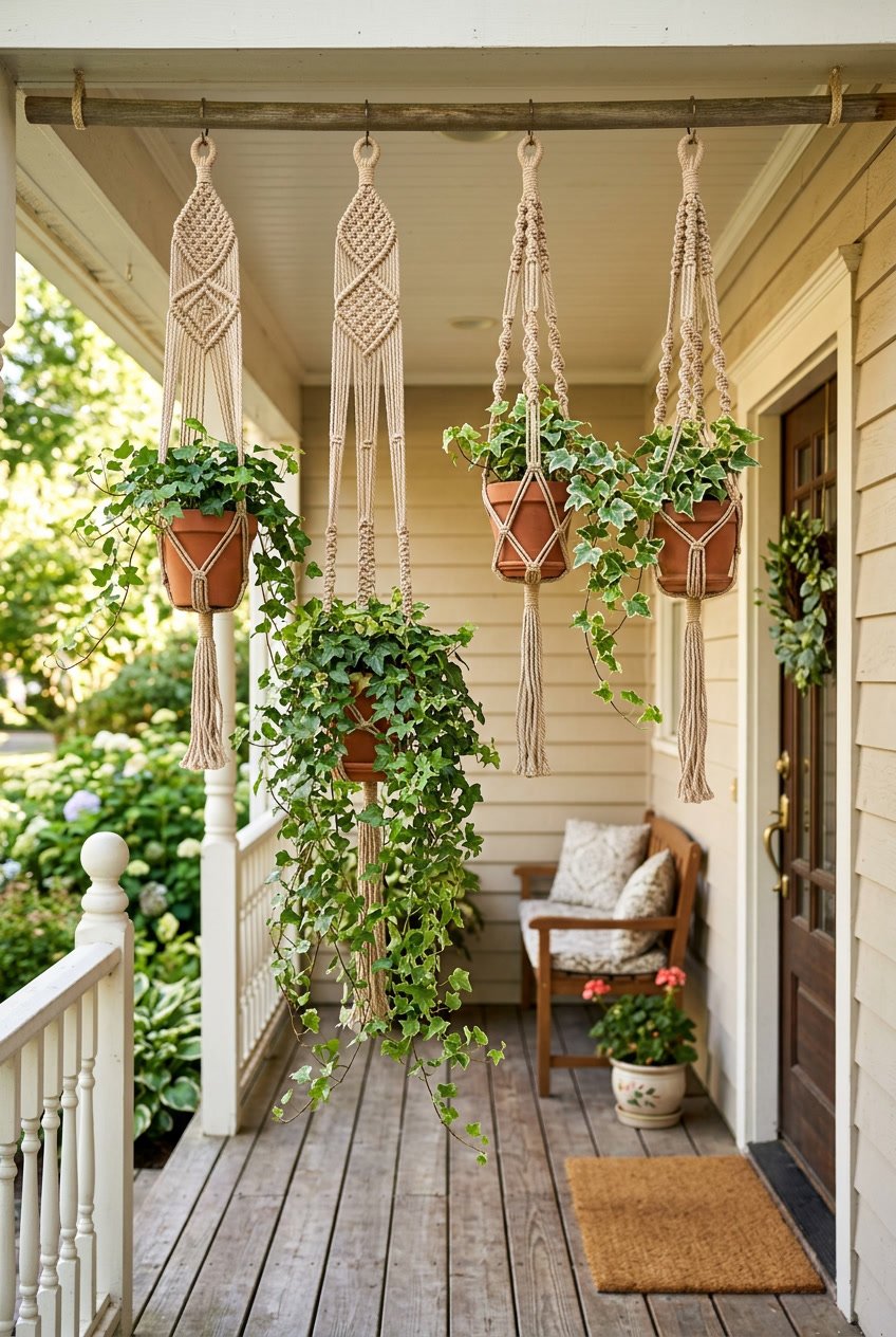Front porch with hanging macramé planters holding trailing ivy vines.