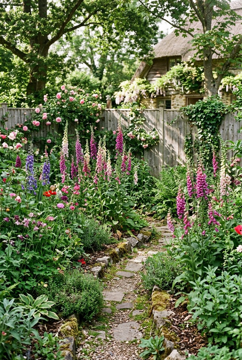 A backyard cottage garden with tall pink and purple foxglove flowers growing freely among green plants and a stone pathway under soft sunlight.