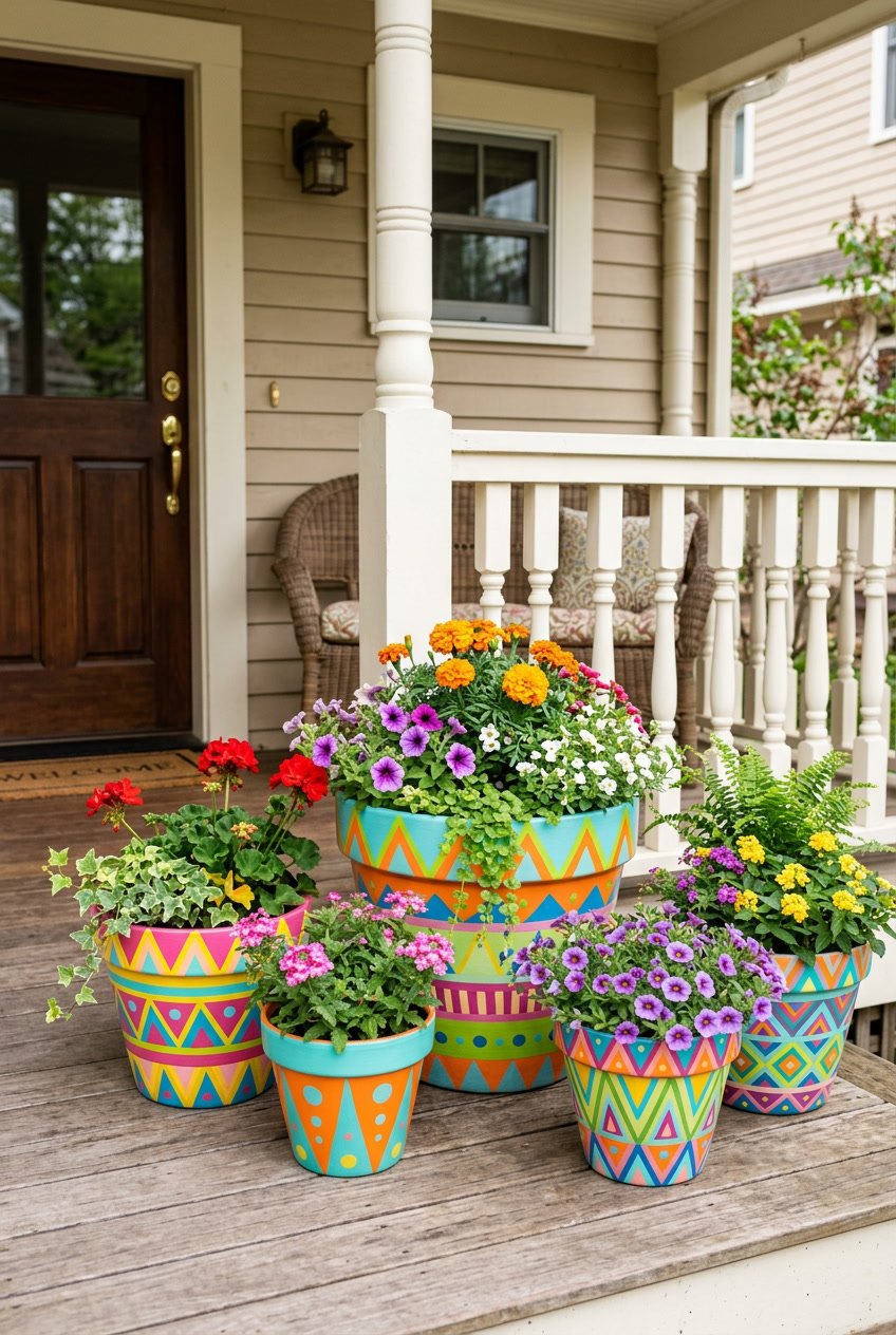 A front porch with colorful ceramic flower pots decorated with geometric patterns, filled with blooming flowers and greenery.