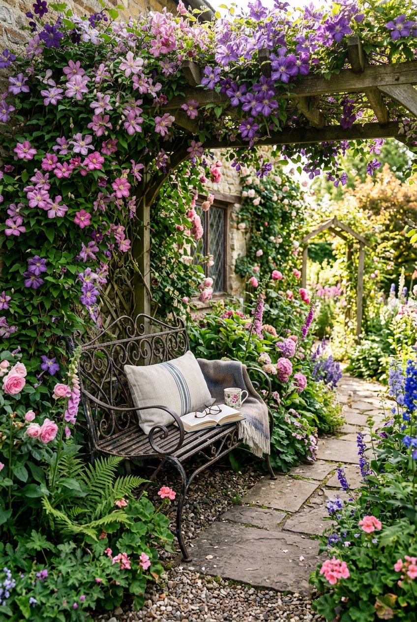 A vintage wrought iron bench tucked under blooming clematis vines in a small backyard garden.