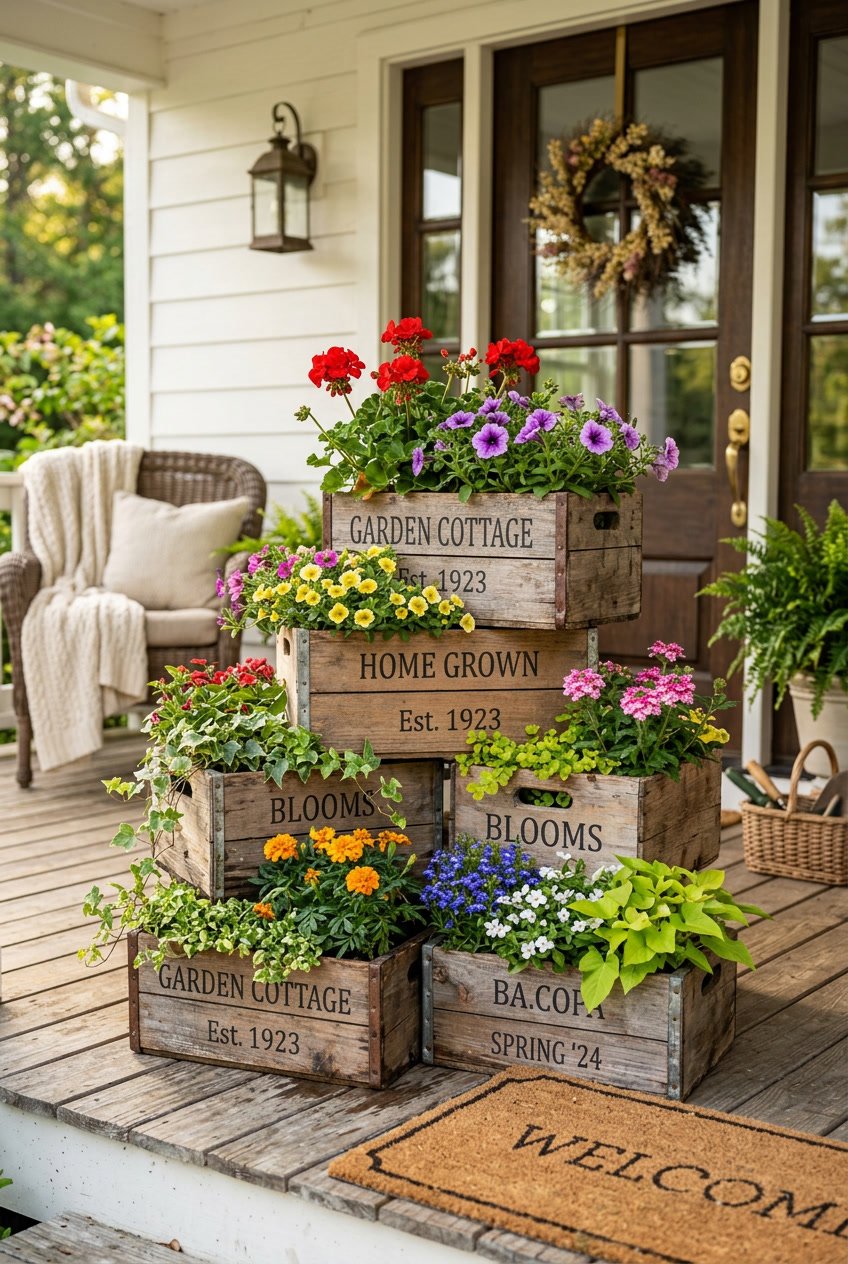 Stacked wooden crate planters filled with colorful flowers and greenery arranged on a front porch.