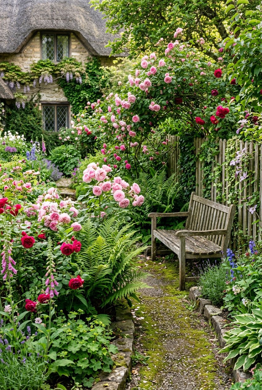 A backyard garden with pink and red roses mixed with green ferns near a wooden fence.