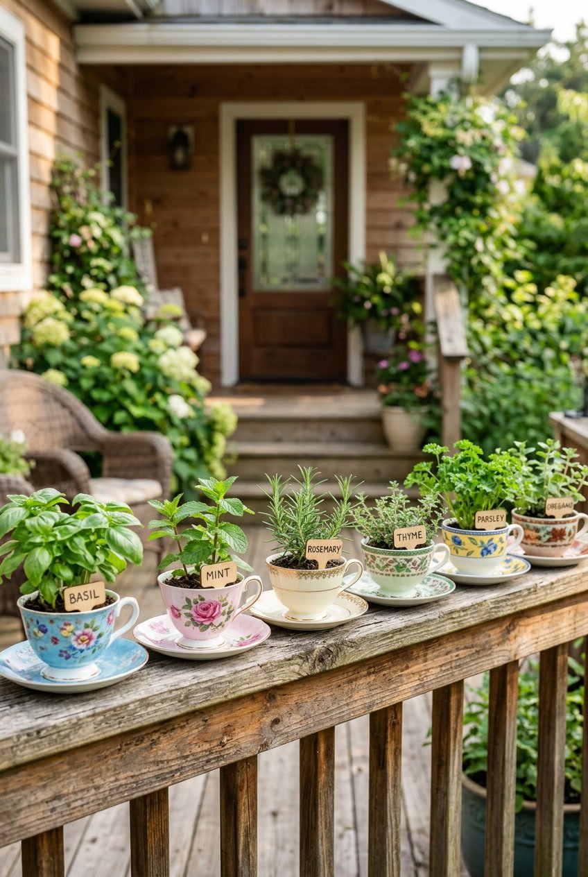 Mini herb garden with green herbs growing in vintage teacups placed on a wooden front porch railing.