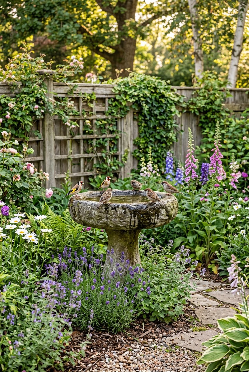 A small garden corner with a rustic birdbath surrounded by flowers and small birds.