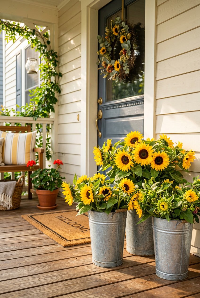 Galvanized metal buckets filled with sunflowers arranged on a sunny front porch.