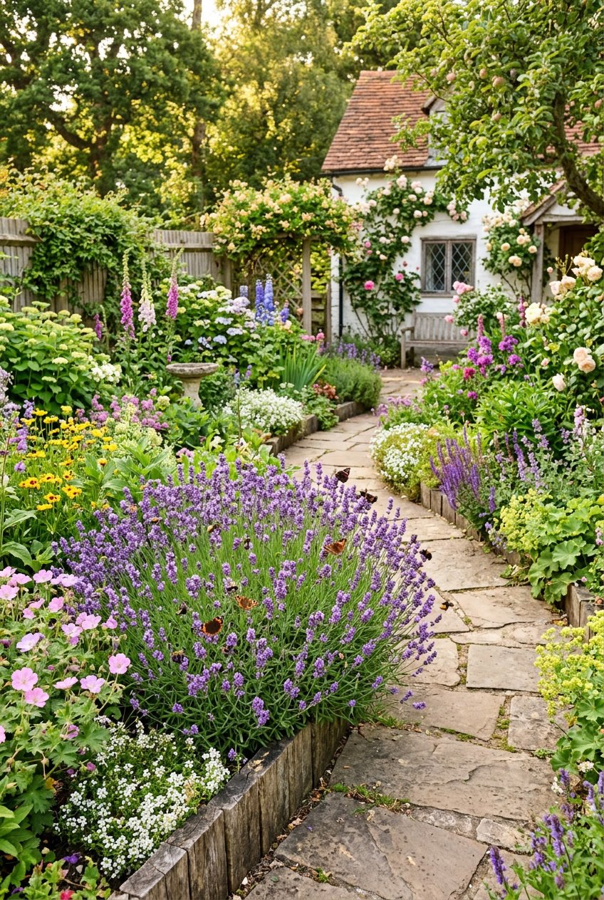 A small backyard cottage garden with blooming lavender bushes attracting bees and butterflies, surrounded by various flowering plants and a stone pathway.