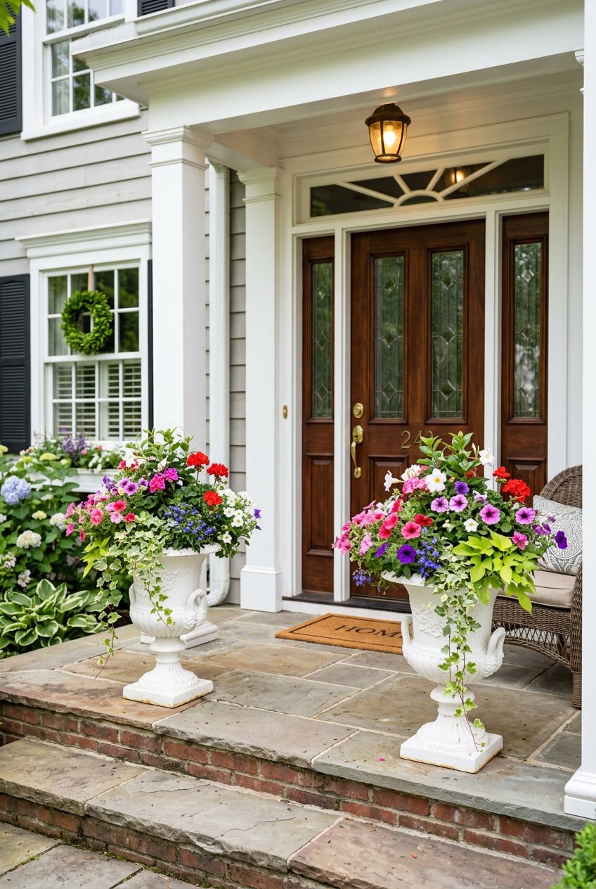 Front porch with a wooden door flanked by two white urn planters filled with colorful flowers and greenery.