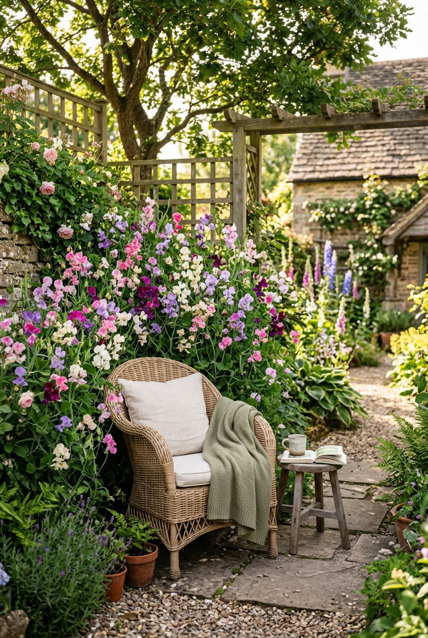 A wicker chair surrounded by cascading sweet pea flowers in a small backyard garden.
