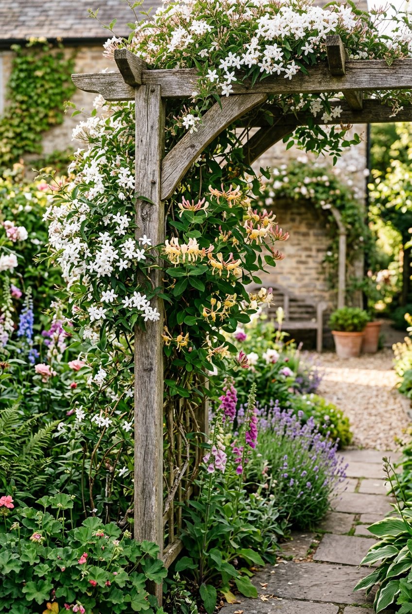 A backyard garden with a rustic wooden trellis covered in green leaves, white jasmine flowers, and yellow and pink honeysuckle blossoms.