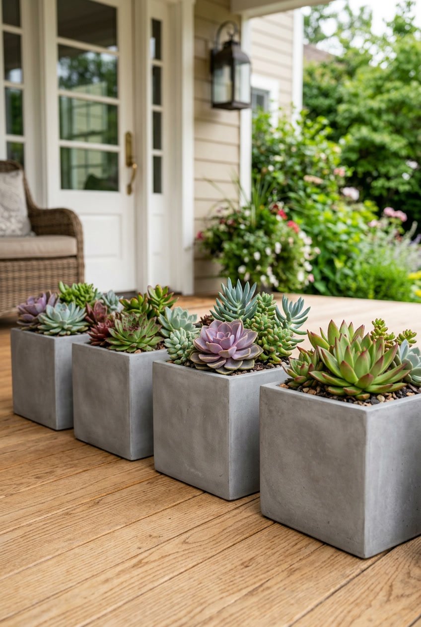 Square concrete planters filled with various succulents arranged on a front porch.