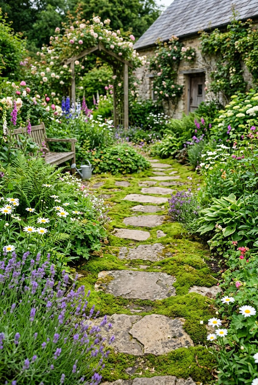 A backyard cottage garden pathway with stepping stones surrounded by soft green moss and various plants.
