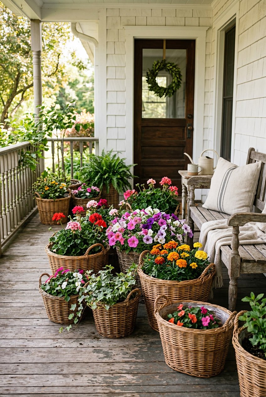 Wicker baskets lined with plastic holding colorful flowers arranged on a front porch.