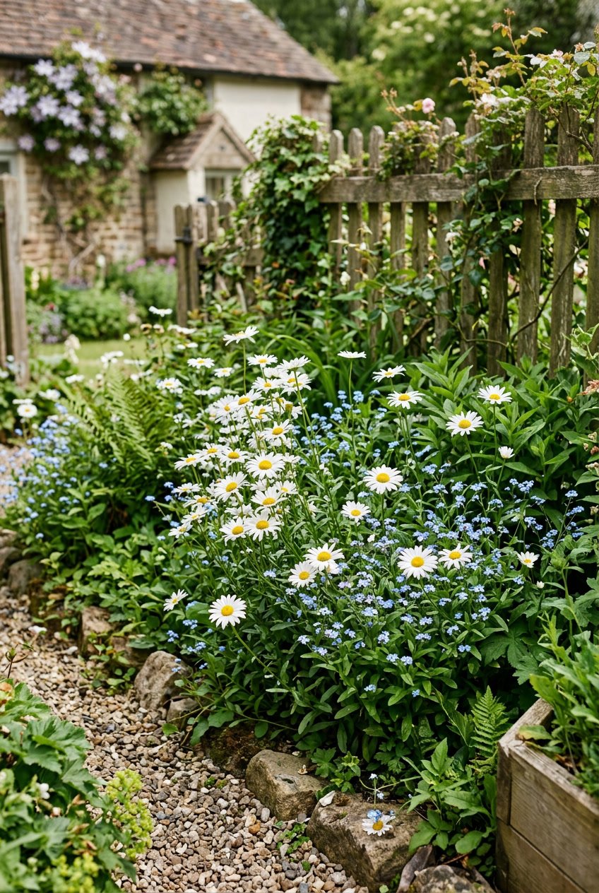 A small backyard garden with clusters of daisies and forget-me-nots surrounded by green leaves and a wooden fence.