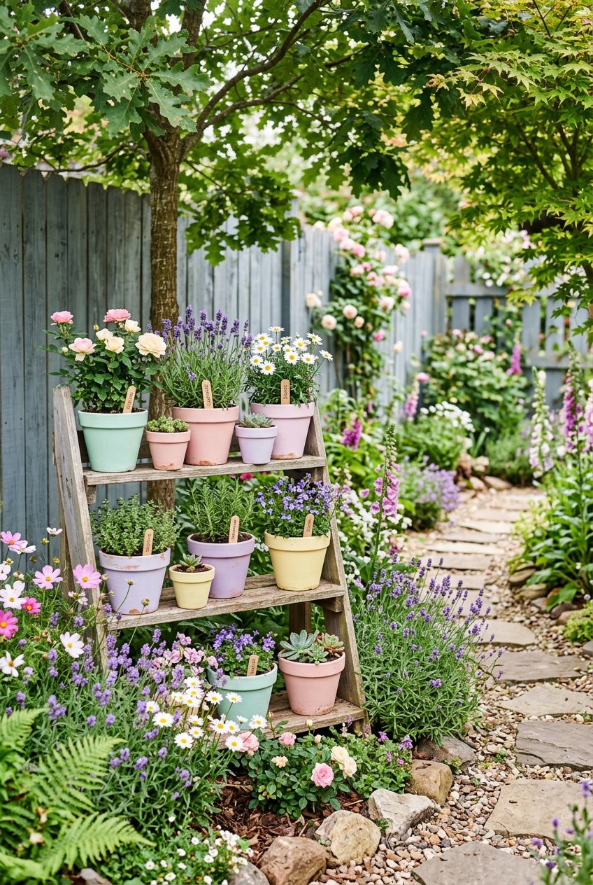 A backyard cottage garden with pastel-colored terracotta pots holding flowering plants arranged among green foliage and a wooden fence in the background.