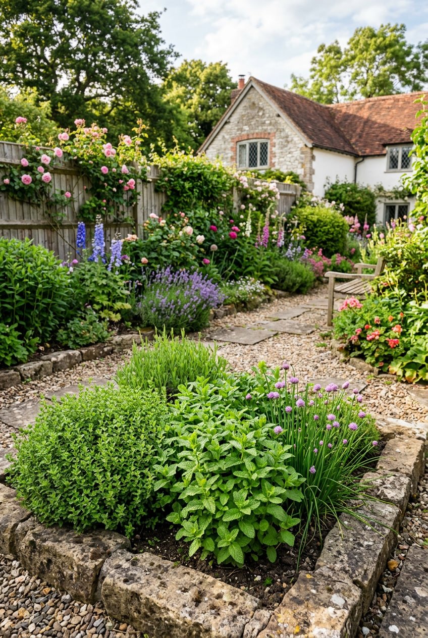 A small backyard cottage garden with a tiny herb patch containing thyme, mint, and chives surrounded by flowers and greenery.