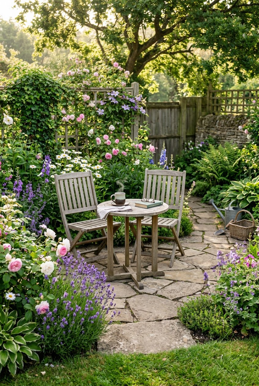 A small stone patio in a garden with a wooden table and chairs, surrounded by flowers and greenery in soft morning light.