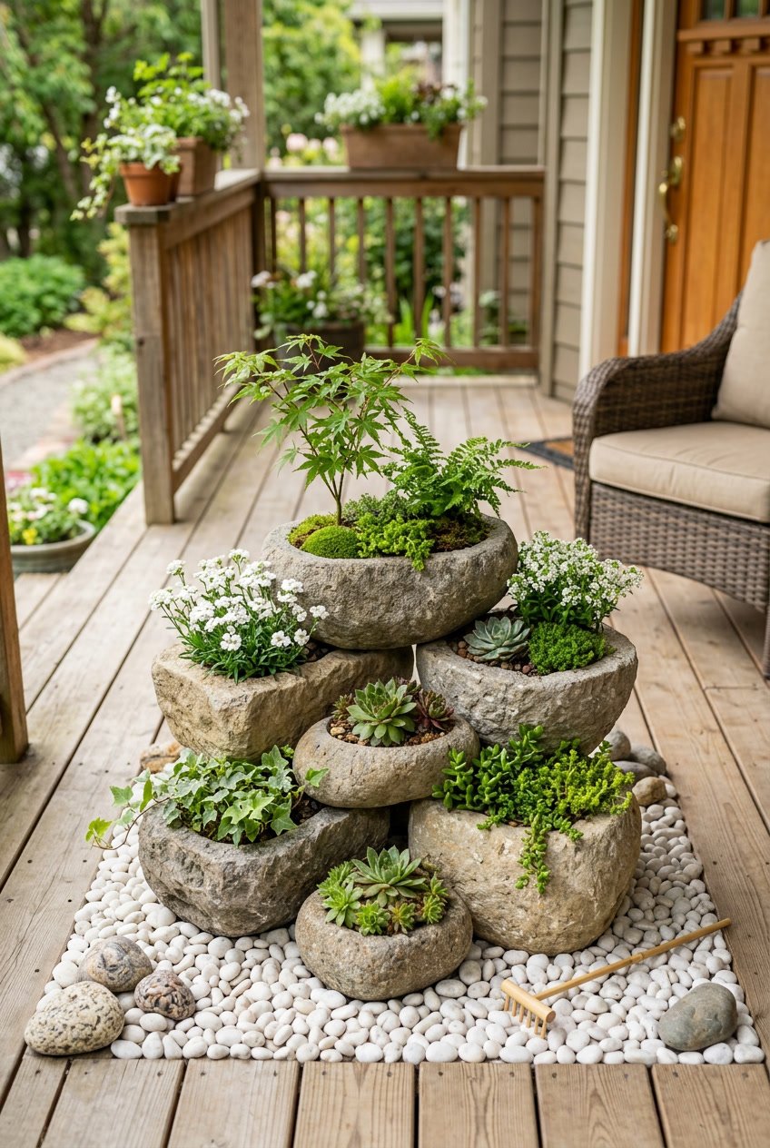 Stacked stone planters with green plants and white pebbles arranged on a front porch.