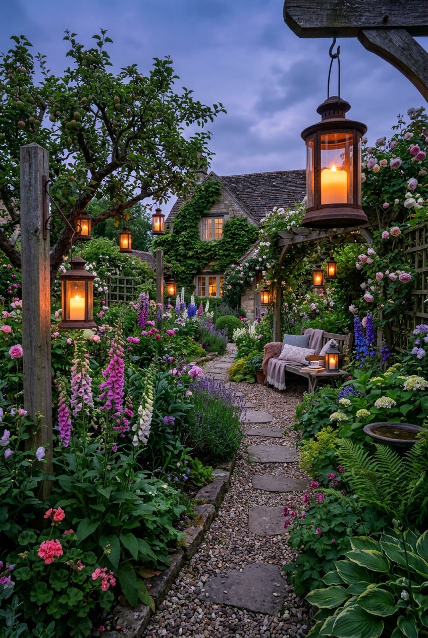A small backyard cottage garden illuminated by old-fashioned foxglove lanterns glowing warmly among plants and flowers at twilight.