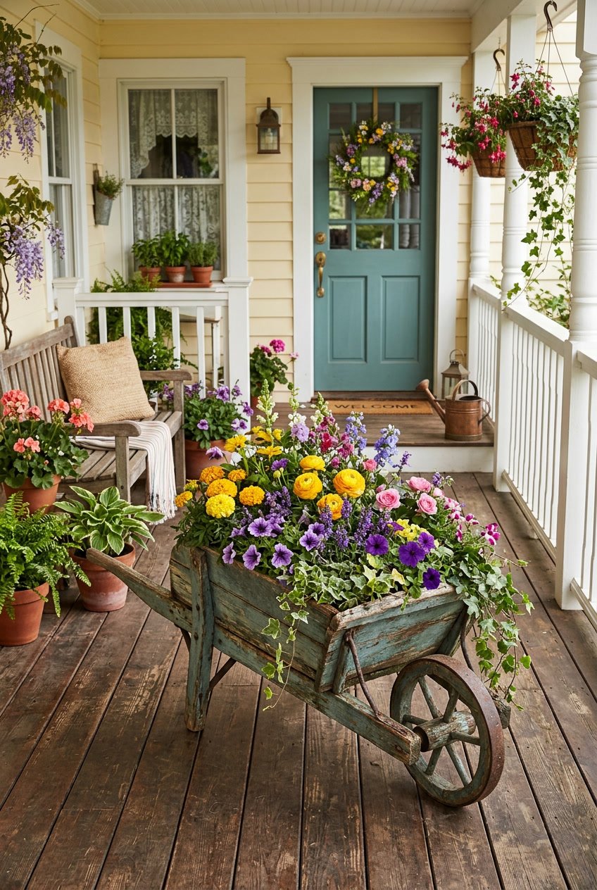 A vintage wooden wheelbarrow filled with colorful seasonal flowers on a front porch surrounded by flower pots and greenery.