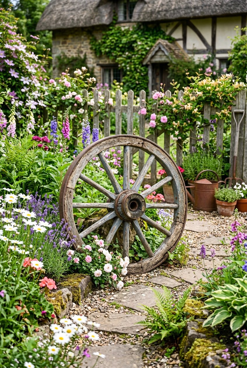 A weathered wooden wheel surrounded by blooming flowers and green plants in a small backyard garden.