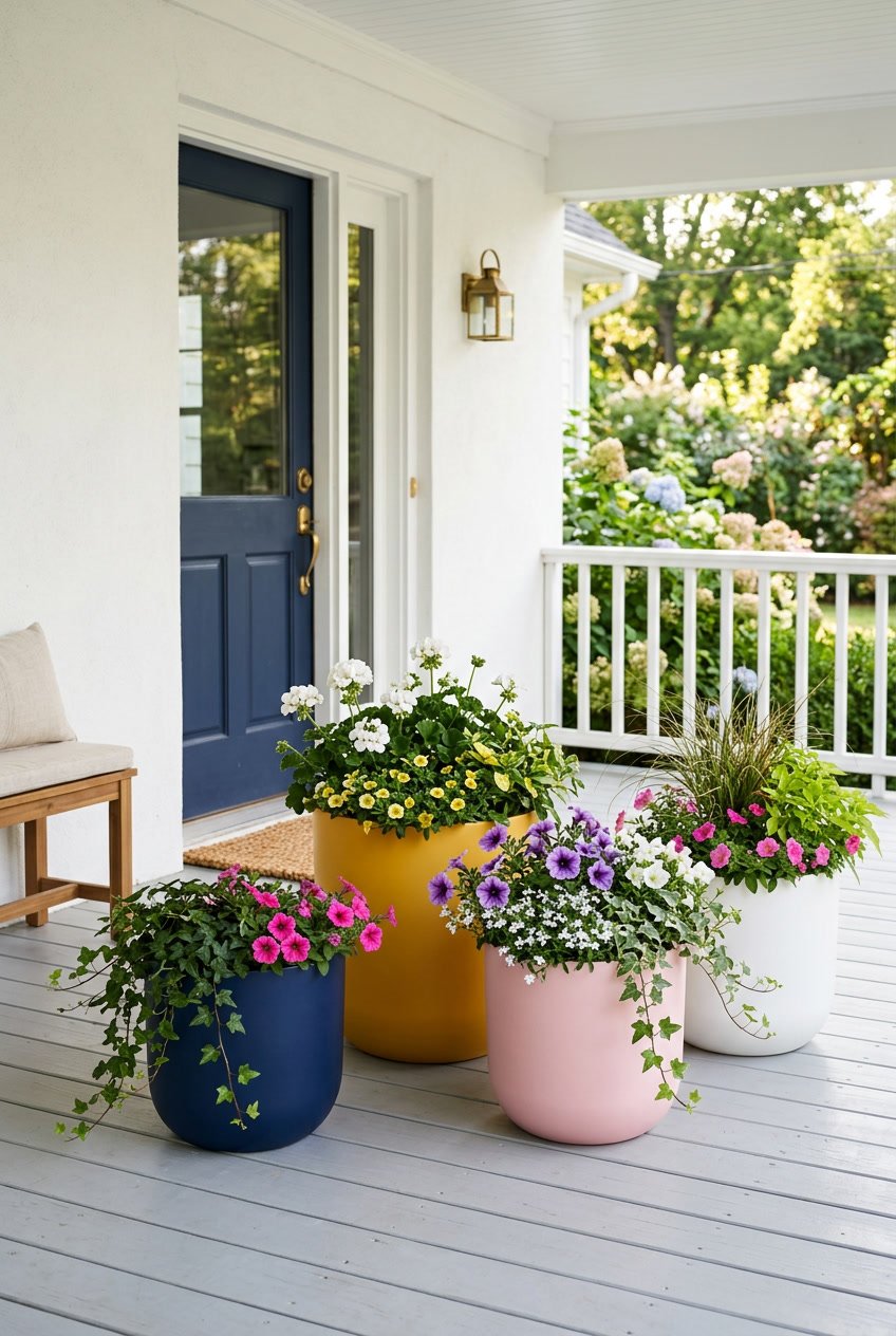 A front porch with large colorful flower pots filled with blooming plants and greenery.