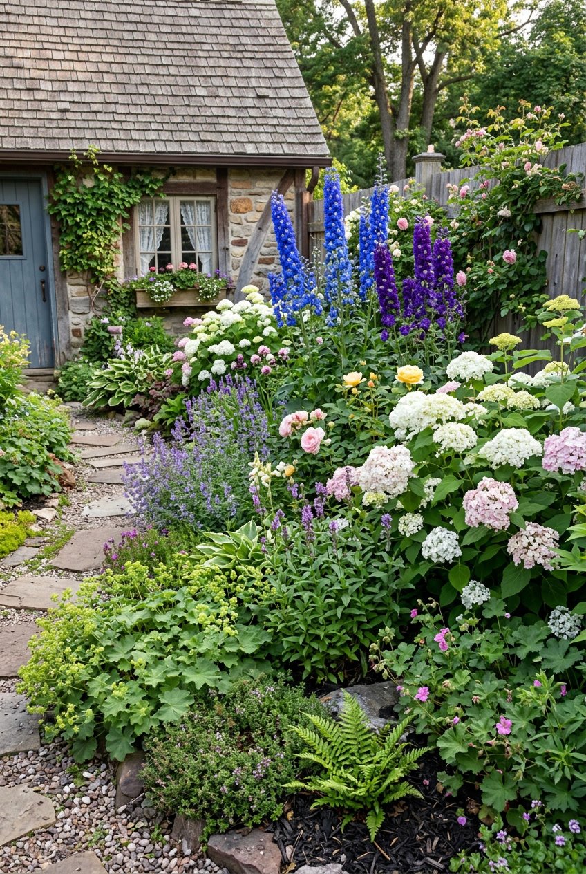 A backyard garden with tall blue and purple delphiniums, mid-height white and pink hydrangeas, and soft green ground cover plants.