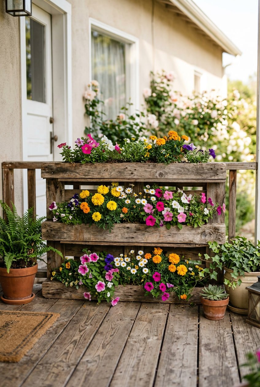 A reclaimed wooden pallet used as a horizontal planter filled with colorful flowers on a front porch.