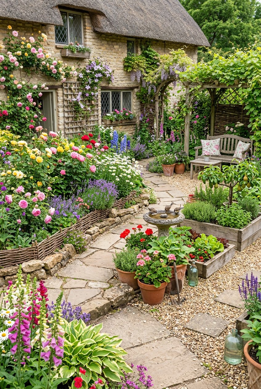 A small backyard garden with colorful flowers, stone paths, wooden benches, climbing vines, and decorative garden elements.