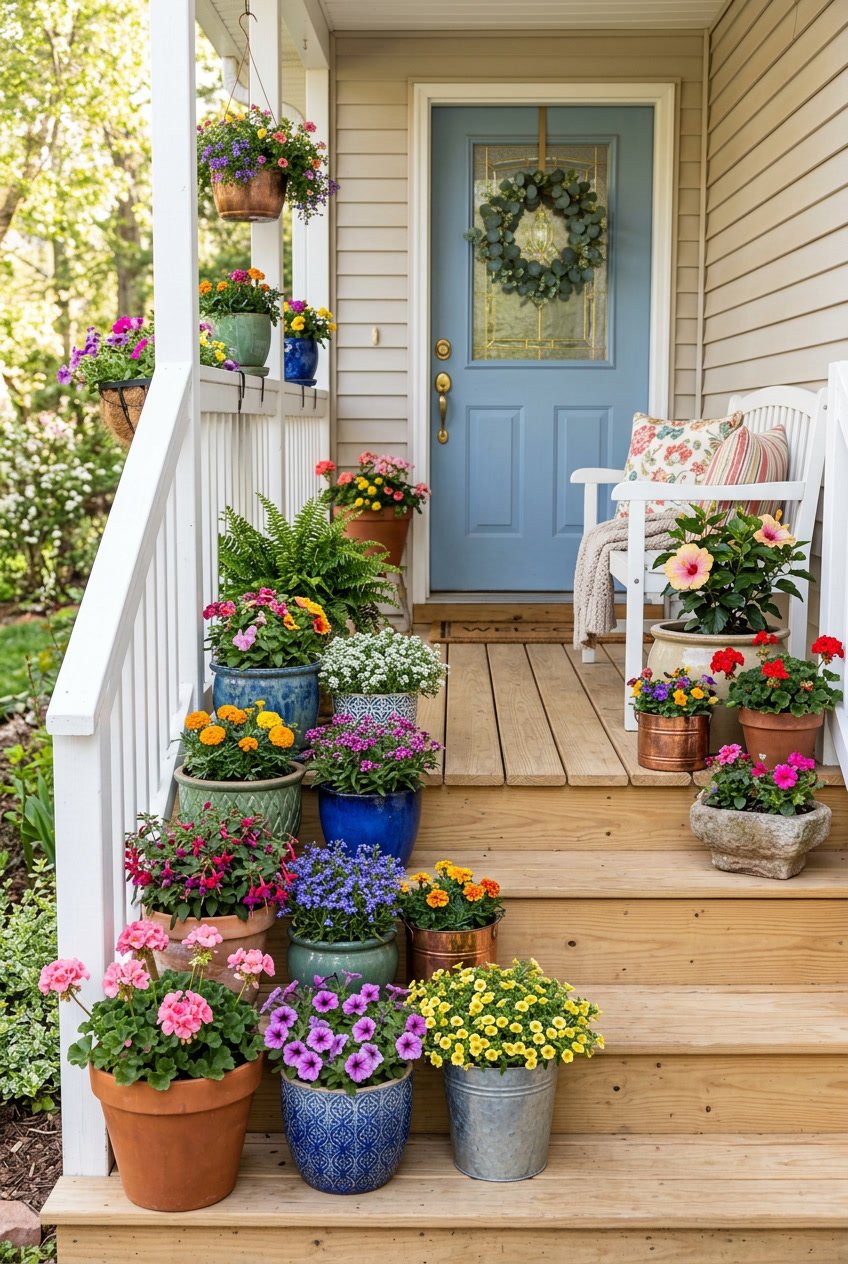 A front porch with 18 diverse flower pots filled with colorful flowers and green plants arranged along steps and railings.