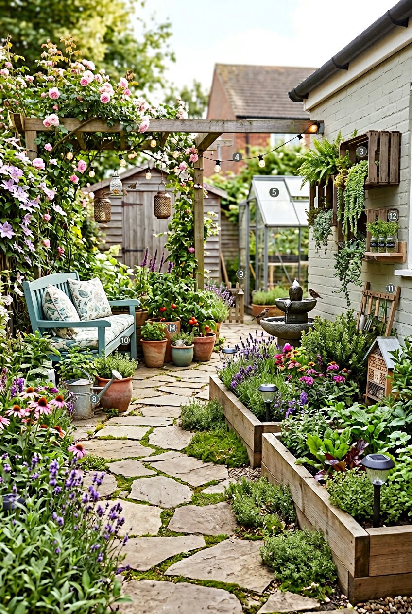 A small backyard cottage garden with colorful flowers, raised beds, vertical planters, stone pathways, wooden benches, hanging lanterns, and climbing plants.