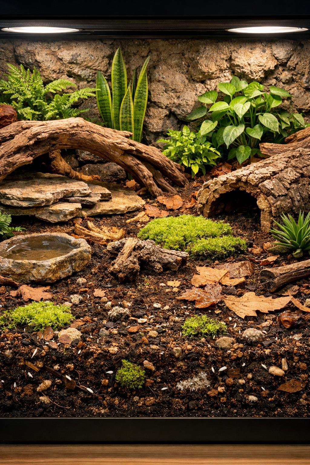 A bioactive terrarium setup with live plants, soil, rocks, and wood branches inside an enclosure.