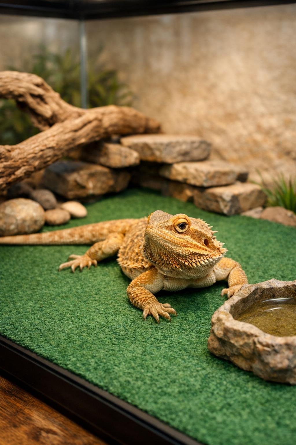 Bearded dragon resting inside a clean enclosure with a soft reptile carpet floor and natural decor.