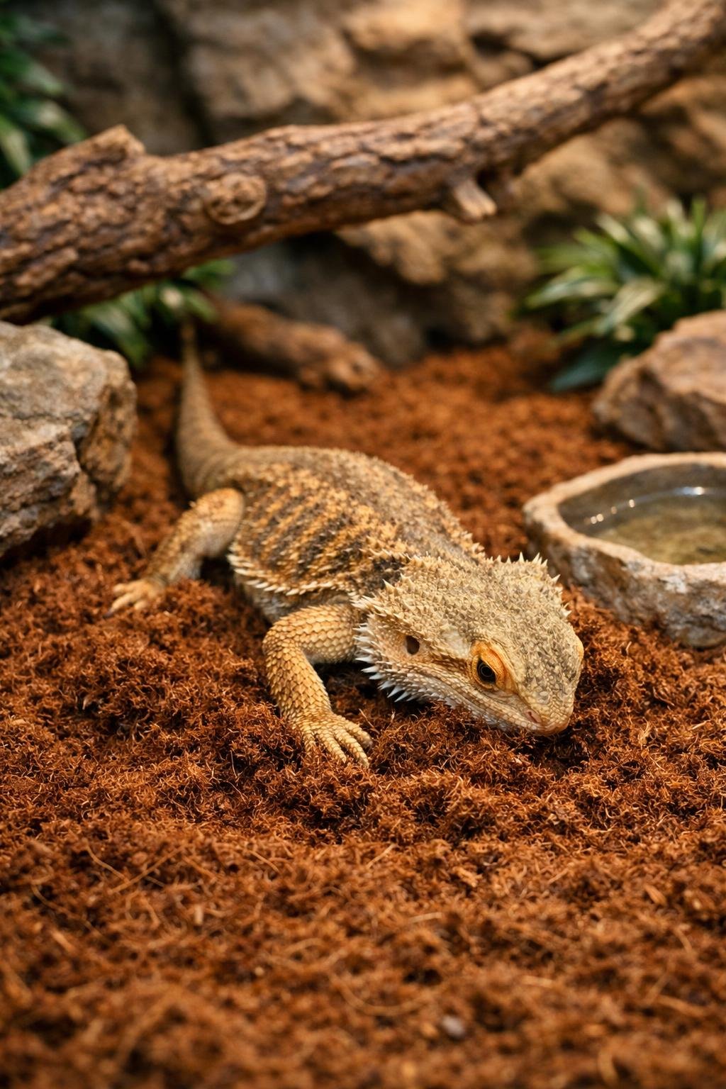 A bearded dragon inside an enclosure with coconut fiber bedding, digging and exploring its habitat.